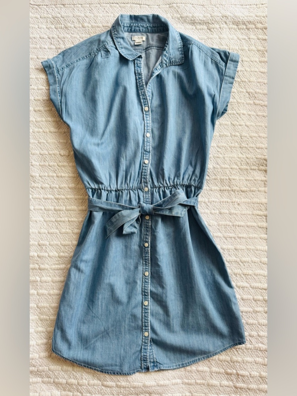 J. Crew Factory Light Blue Denim Look Button-Front Mini Dress with Tie Waist